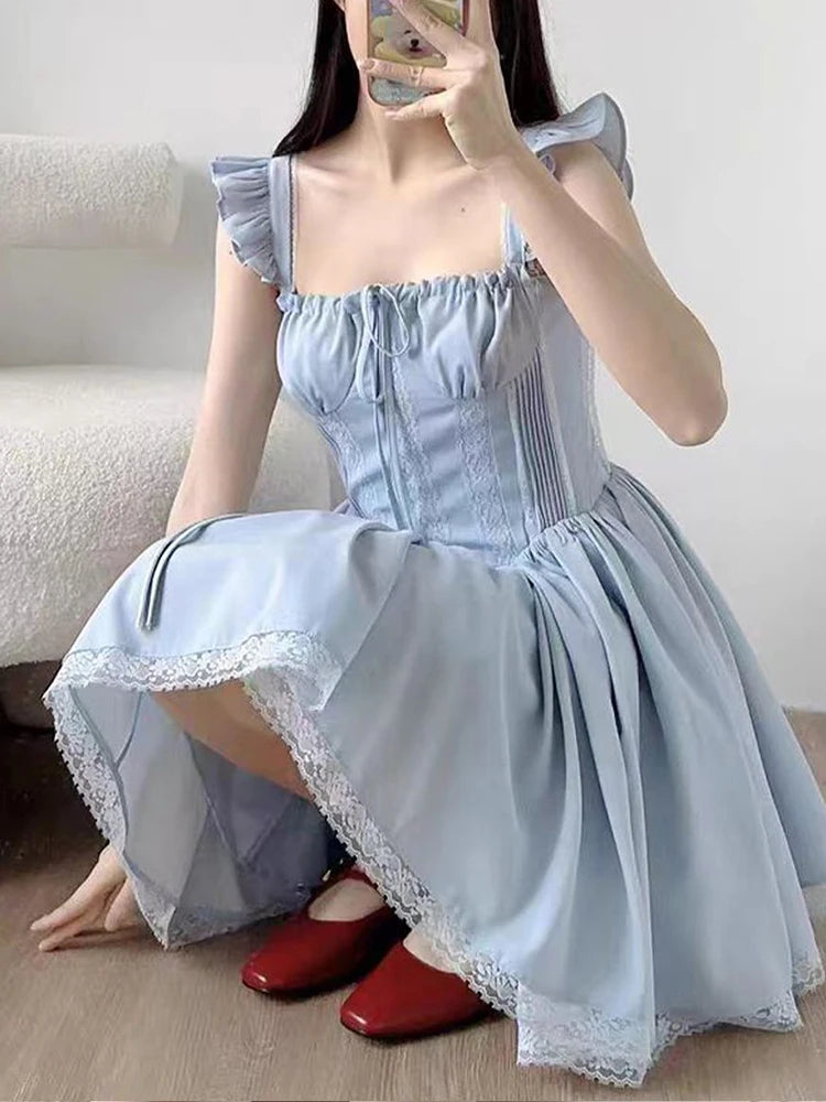 Lunivop  Sweet French Blue Dress Women Elegant Lace Patchwork Retro Sexy Mini Dress Casual Square Collar Flying Sleeve Vestidos New