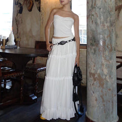 Lunivop   Elegant Off Shoulder Strapless Backless Tank Top With Elastic Waist Pleated Long Skirts Women Beach Holiday 2 Piece Set