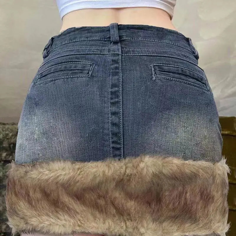 Lunivop Y2k Vintage Denim Skirt Women Sexy Harajuku Fur Patchwork Mini Skirts Retro Slim Up Streetwear A-line Short Skirts
