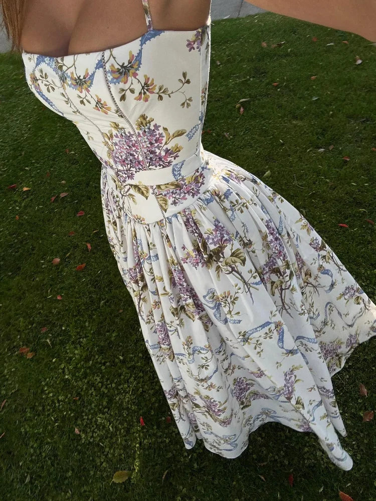 Lunivop  Vintage Flower Print High Waist Pleated Maxi Dress Women Sexy Backless Sleeveless Long Dresses Summer Sexy Vocation Party Robe