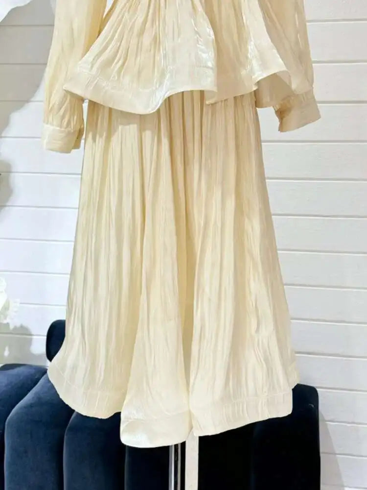Lunivop Solid Ruffles Women's 2 Piece Sets V Neck Long Sleeve Shirt High Waist Skirts Loose Elegant Set Autumn 2025 New