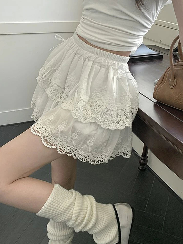 Lunivop Cute Bow White Skirts Women Sweet High Waist Lace Patchwork Mini Skirt Korean Fashion Preppy Style Lady Elegant Cake Skirts