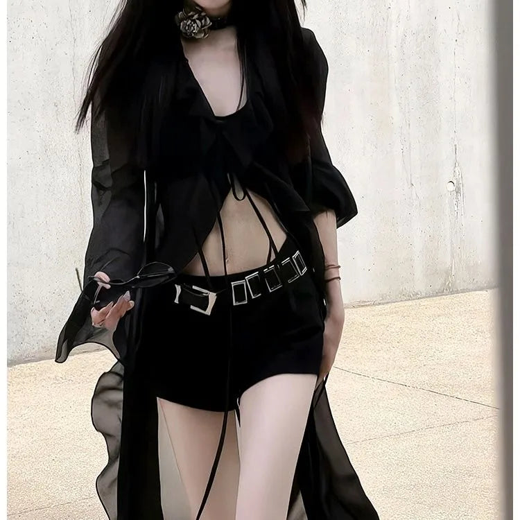 Lunivop  Y2k Sexy Slim Fit Black Dress for Women Fashion All-match Mid-length Dresses E-Girl Mesh Long Sleeve Sun Protection Coat