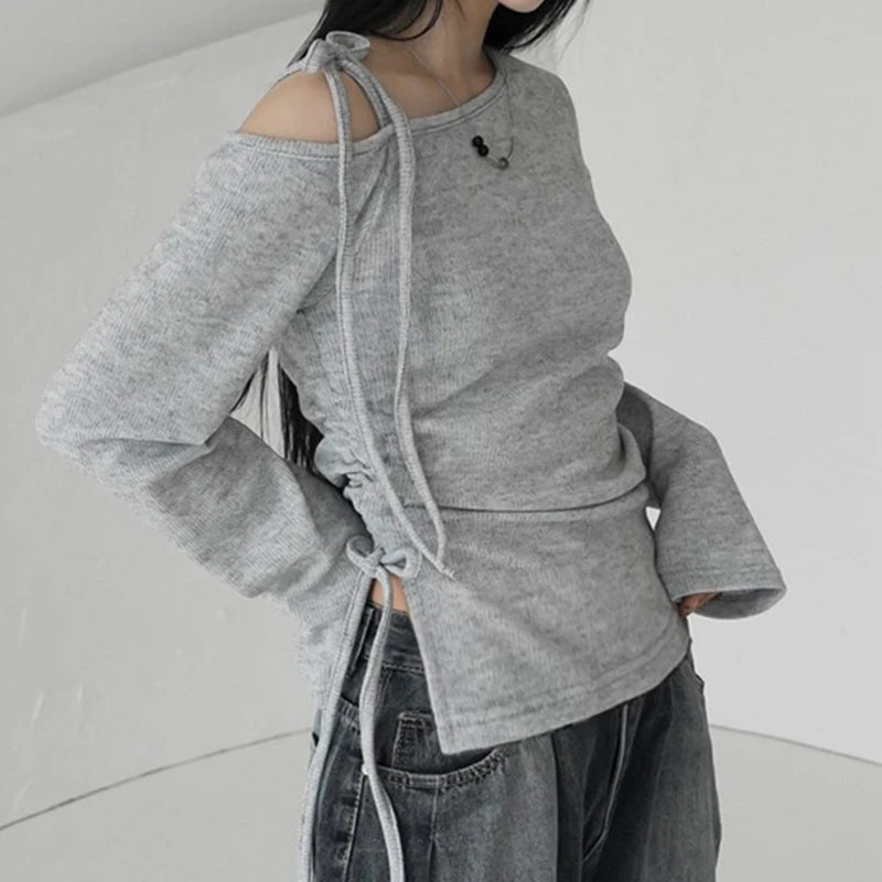 Lunivop   Asymmetrical Off-shoulder Crop Top Grey Bandage Drawstring Long Sleeve Knitted T Shirts Korean Fashion Casual Tees Women