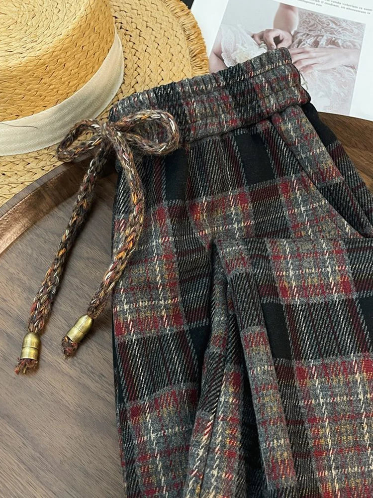 Lunivop Retro Streetwear Plaid Pants Women Lace Up Loose Hip Hop Straight Trousers High Waist Casual Vintage Harajuku Bf Wide Leg Pant
