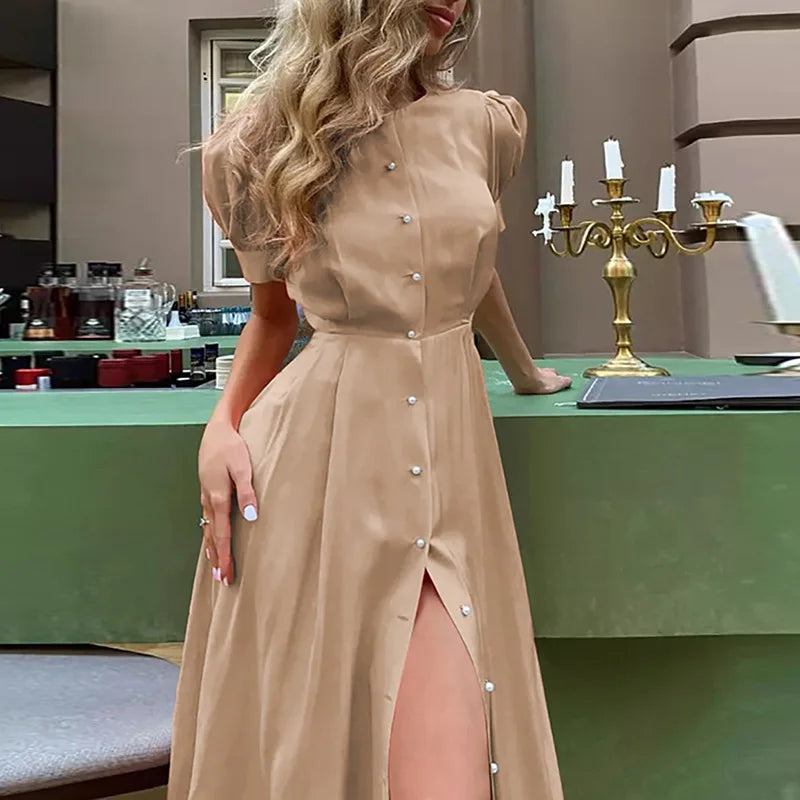 Lunivop  Summer New Solid Color Slim Fit High Waisted Cardigan Single-Breasted Midi Dresses Short Sleeve A-Line Party Dresses