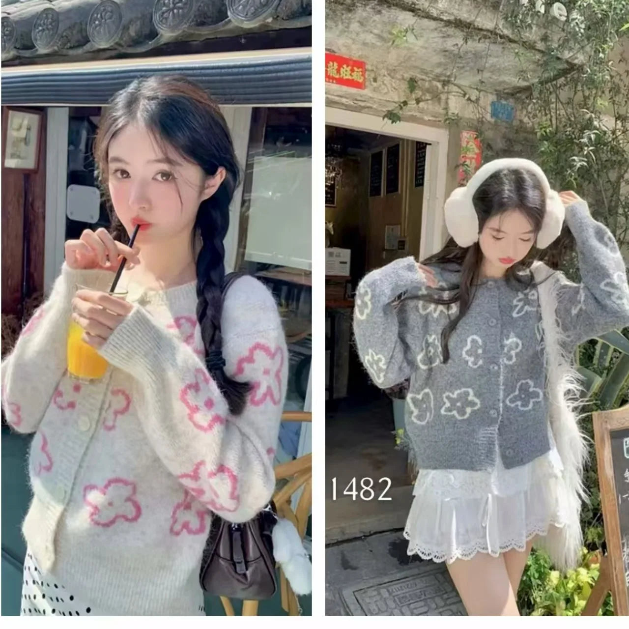 Lunivop Cute Floral Knitted Cardigan for Women Cozy O-neck Button Front Sweater Jacket Teen-girl Fall Winter Korean Fashion Outfit