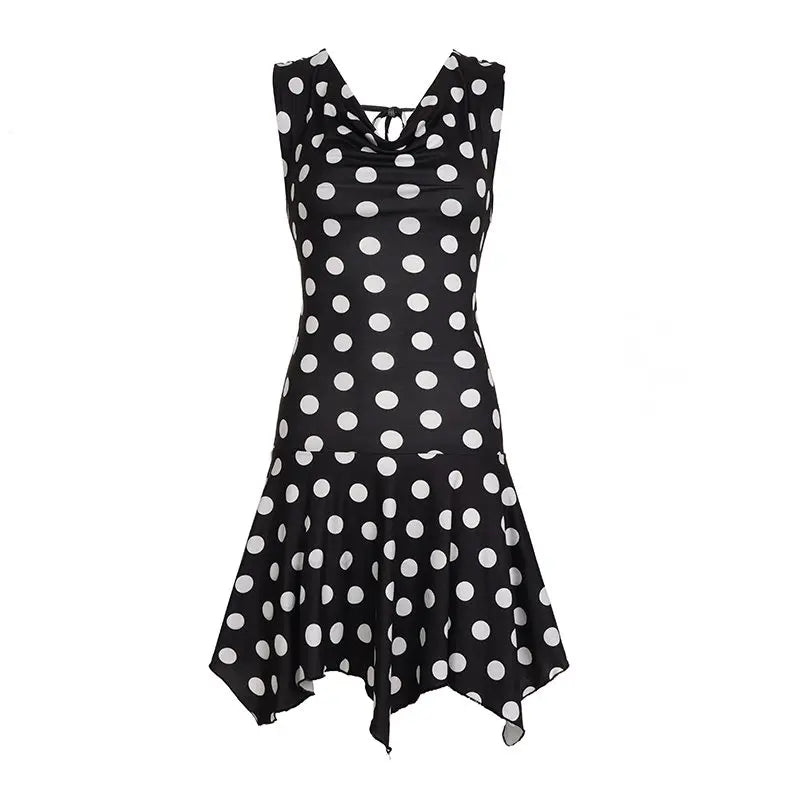 Lunivop  French Luxury Sweet Dress Women Slim Polka Dot Cowl Neck Backless Tie Sleeveless Irregular Mini Dress Korean Y2K Fashion Clothes