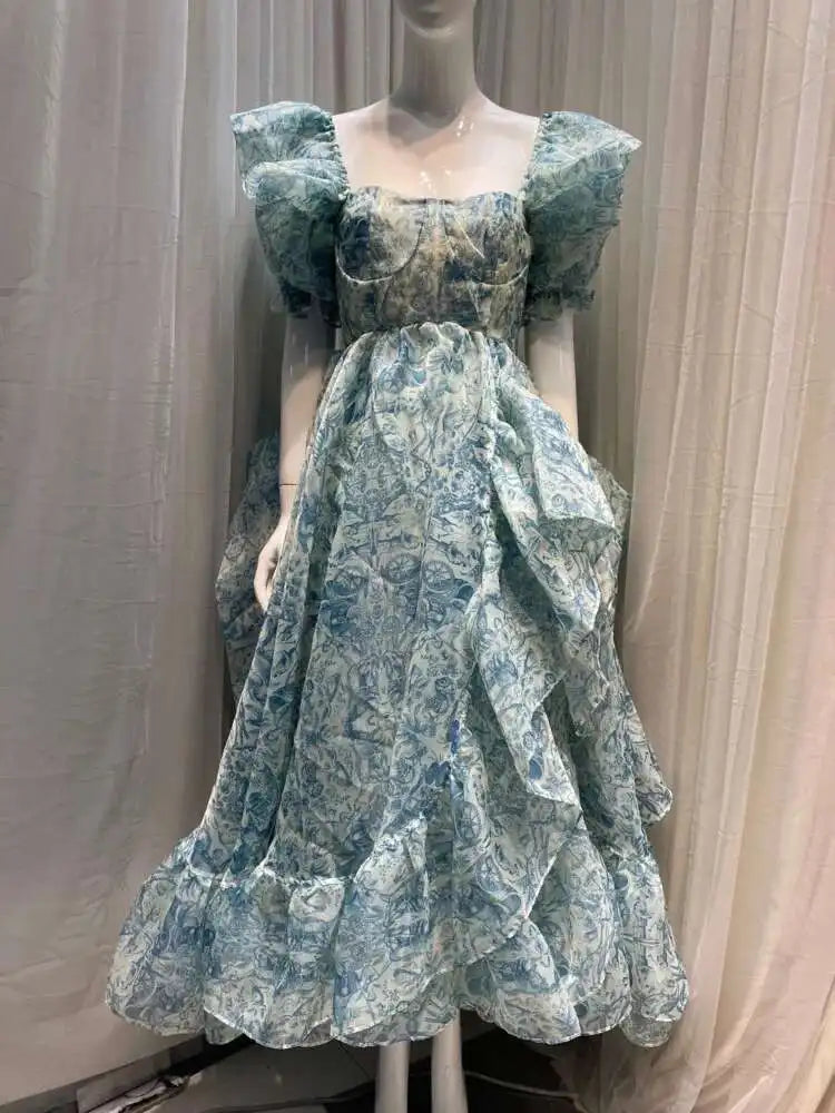 Lunivop New Print Women Floor-Length Dress French Niche Design Floral Tail Square Neck Bubble Sleeve Dresses Female