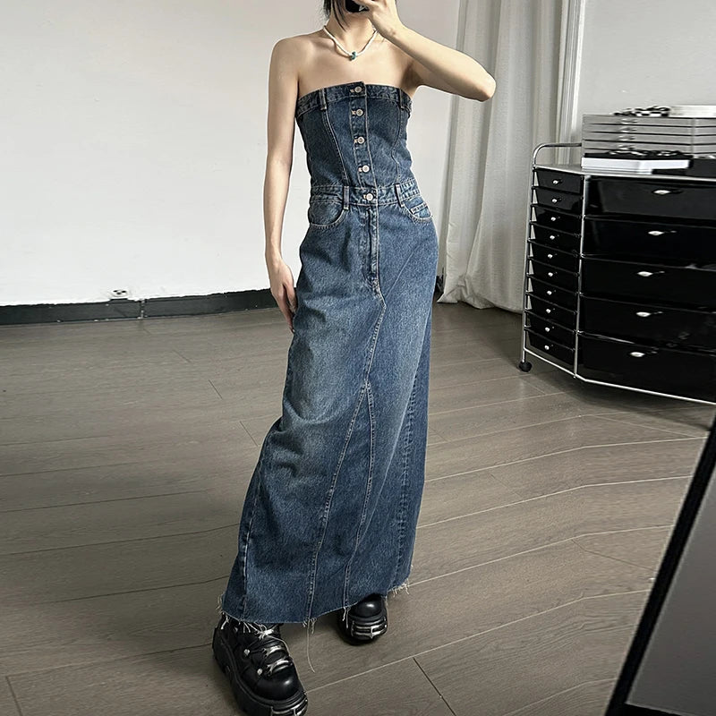 Lunivop Denim Strapless Buttons Stretchy Slim Slit Long Dress Casual Fashion Streetwear Summer Vacation Daily Party Women Clothes