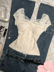 Lunivop  Summer Vintage Apricot Lace Blouse Women Elegant Sweet Bow Slim Fit Tops Female Retro Chic Y2K Fashion Casual Sweet Tees New