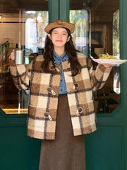 Lunivop Vintage Faux Woolen Plaid Coat Women Fall Winter Long Sleeve Sweet Jacket Retro Preppy Style Korean Elegant O Neck New Tops