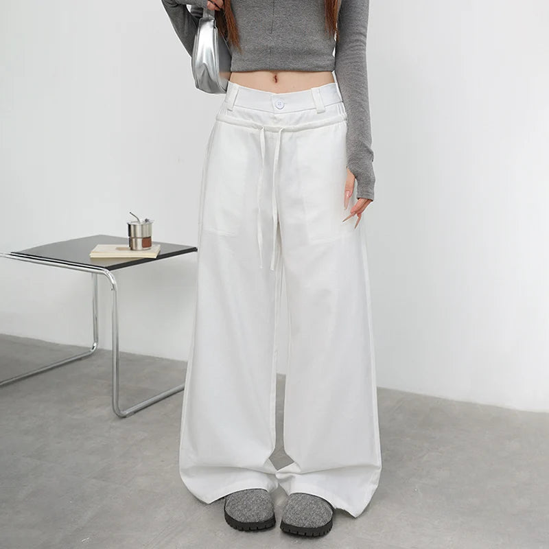 Lunivop  Army Green Wide Leg Jeans for Women American Street Lace-Up Washed Denim Pants Woman Harajuku Fashion Baggy Trousers Female