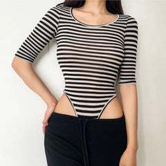 Lunivop  Summer O neck Black Beige Horizontal Stripes Half Sleeve Bodysuit Woman Tight Short Jumpsuit Slim fit Rompers Playsuits