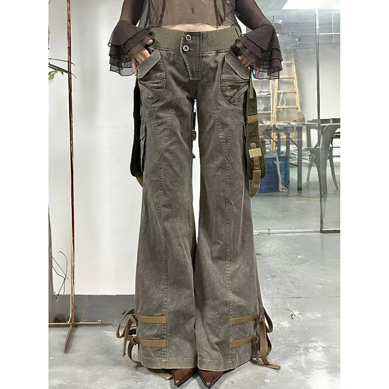 Lunivop Khaki Womens Jeans High Waist Vintage Straight Winter Denim Pants Street Multiple Pockets American Wide Leg Baggy Denim Trouser