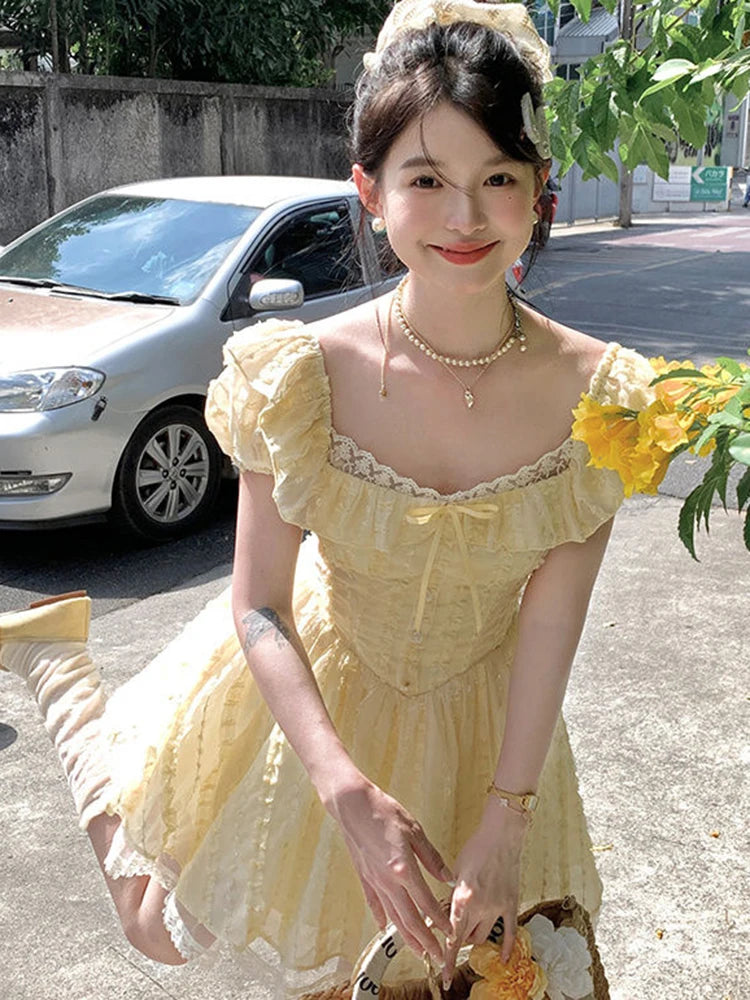 Lunivop  Sweet Sexy Slim Yellow Dress Women Fashion Lace Patchwork Cute Mini Dress Chic Square Collar Puffy Sleeve Elegant Vestidos