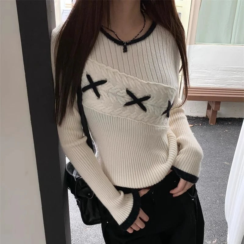 Lunivop Korean Style Elegant Sweaters Sweet Vintage Long Sleeve Knitted Pullover Autumn Winter Patchwork Sweaters Aesthetics