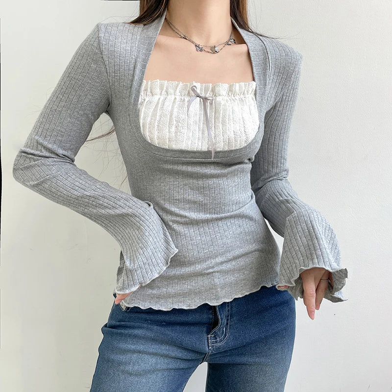 Lunivop  Cute Bow Stitched T-shirts Ladies Kawaii Folds Square Collar Full Sleeve Patchwork Fake Two-piece Crop Top Autumn Shirts
