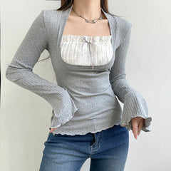Lunivop  Cute Bow Stitched T-shirts Ladies Kawaii Folds Square Collar Full Sleeve Patchwork Fake Two-piece Crop Top Autumn Shirts