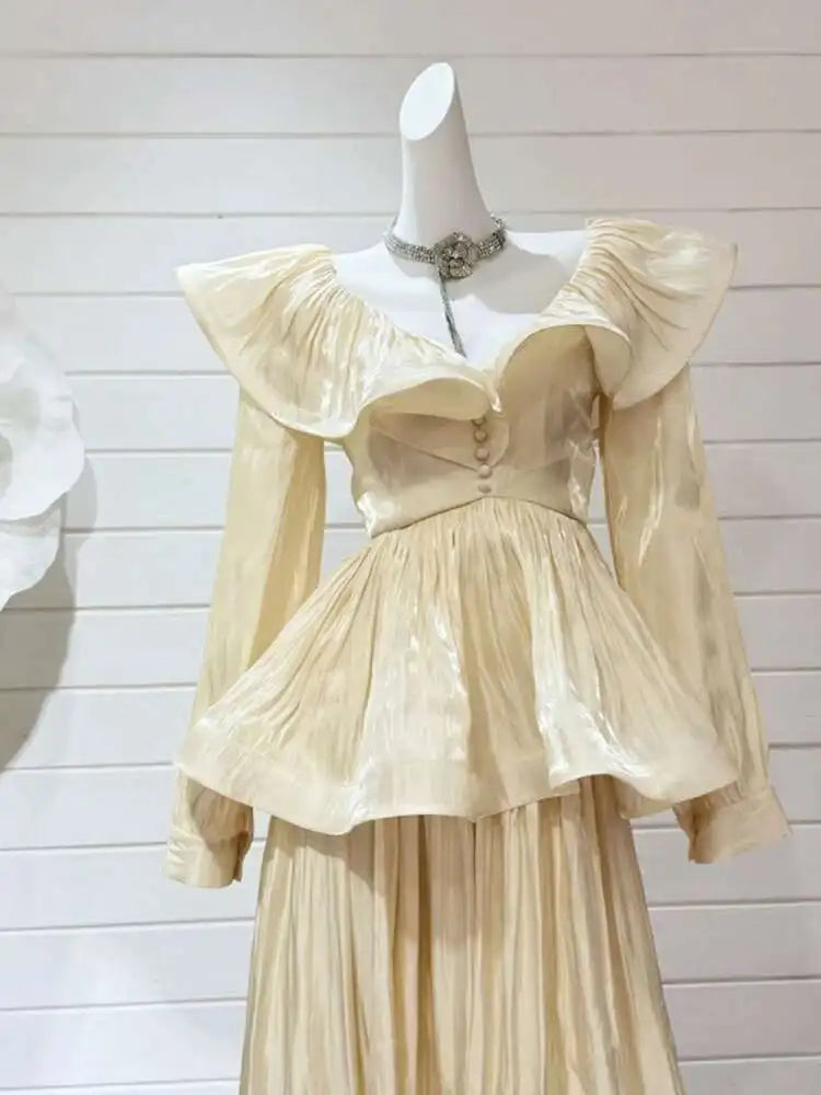 Lunivop Solid Ruffles Women's 2 Piece Sets V Neck Long Sleeve Shirt High Waist Skirts Loose Elegant Set Autumn 2025 New