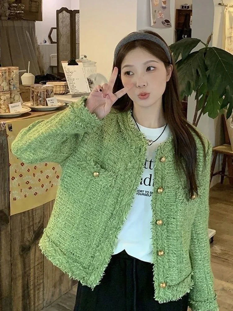Lunivop Sweet Green Tweed Jackets Women Vintage Long Sleeve Casual Coat Korean O Neck Fall Winter Retro All Match Elegant Outwear Tops