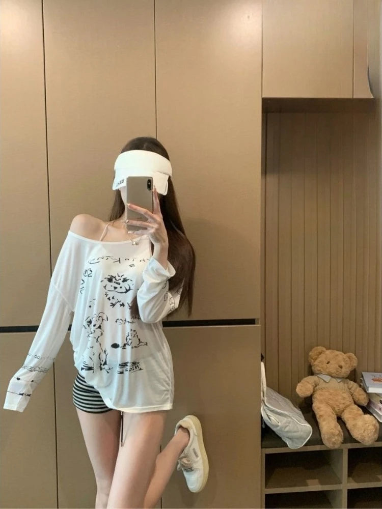 Lunivop  T Shirts Women Funny Cartoon Printed Long Sleeve Diagonal Collar Off Shoulder Loose Sweet Tops Female Casual Y2k Tshirt