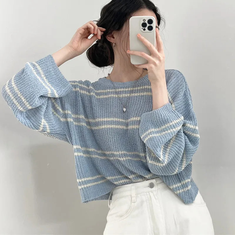 Lunivop Pullover Women Striped Knit Sweater Comfy Lightweight Long Sleeve Crew Neck Jumper Female Teen-girl Casual Daily Outfit