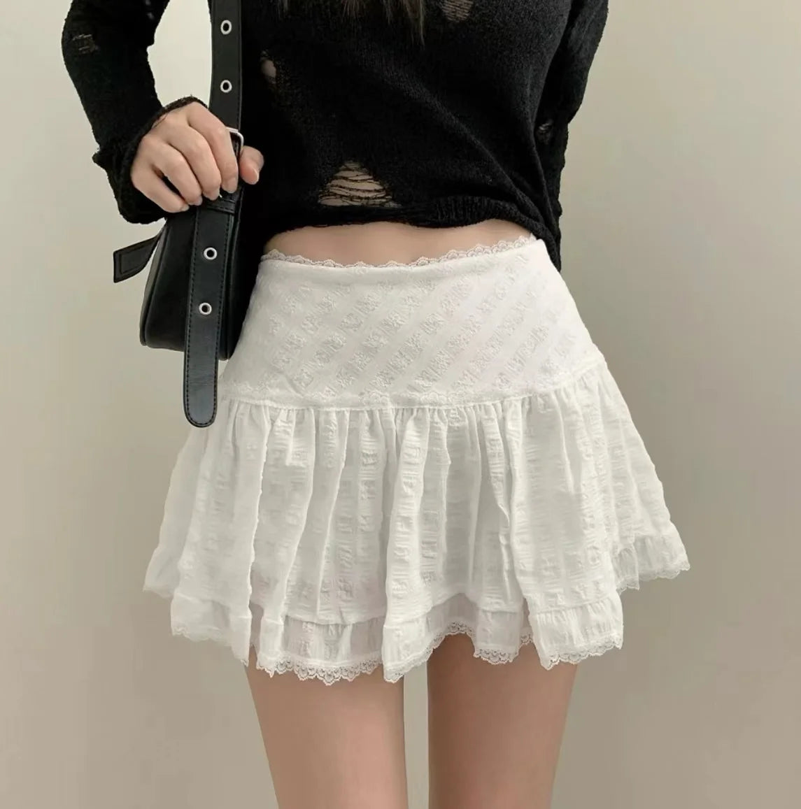 Lunivop Y2K Low Rise Mini Skirt Tiered Ruffled Lace Trim White Short Skirt Summer Women Teen-Girl Feminine Barbiecore Outfit