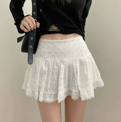 Lunivop Y2K Low Rise Mini Skirt Tiered Ruffled Lace Trim White Short Skirt Summer Women Teen-Girl Feminine Barbiecore Outfit