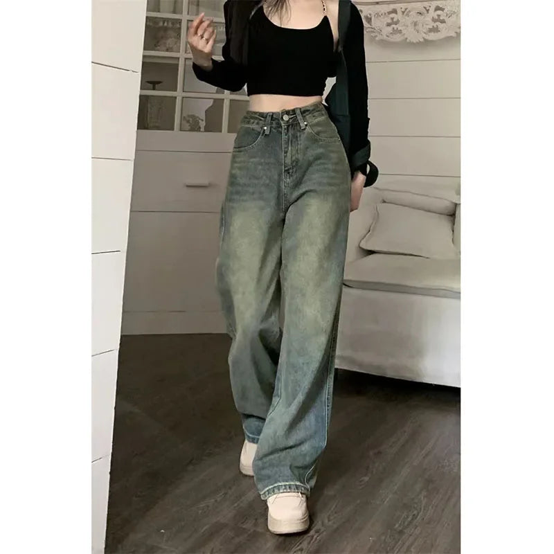 Lunivop  Vintage Washed Denim Pants Women Y2K Streetwear Baggy Wide Leg Jeans Female Korean Loose High Waisted Straight Trousers