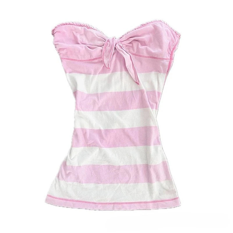 Lunivop  American Sweet Spice Girl Lace Edge Harajuku Y2k Constrast Color Striped T Shirts Harajuku Bow Design Punk Strapless Clothes