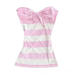 Lunivop  American Sweet Spice Girl Lace Edge Harajuku Y2k Constrast Color Striped T Shirts Harajuku Bow Design Punk Strapless Clothes