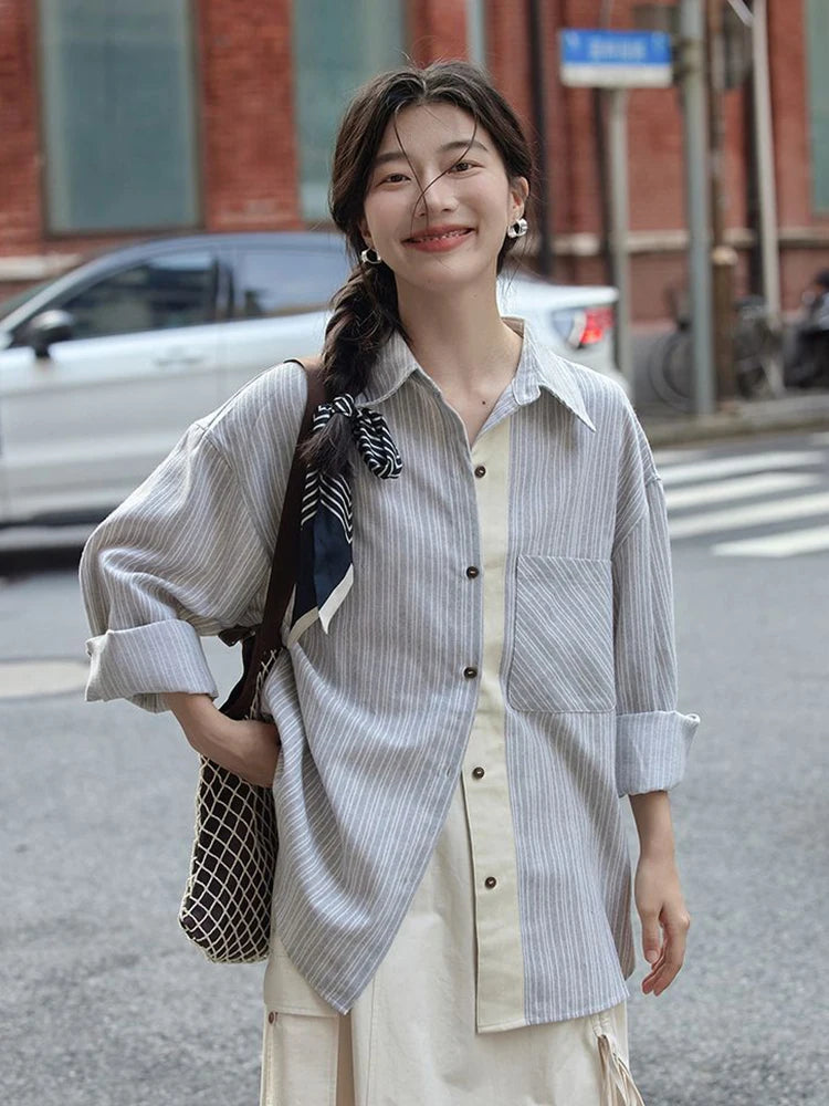 Lunivop Preppy Style Sweet Striped Shirt Women Loose Casual Long Sleeve Blouse Fall New Vintage Pocket Korean Female Simple Retro Tops