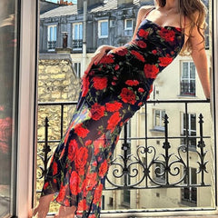 Lunivop  Flowers Print Spaghetti Strap Dresses Women Temperament Package Hip Bodycon Long Dress Fashion Sexy Backless Lady Slim  the dress black dress white dress