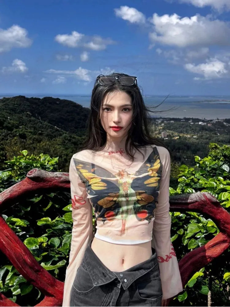 Lunivop  American Sweet Butterfly Printed T-shirt for Women Early Spring New Bottoming Tops Mujer Sexy Crop Top Slim Fit Tee Shirt