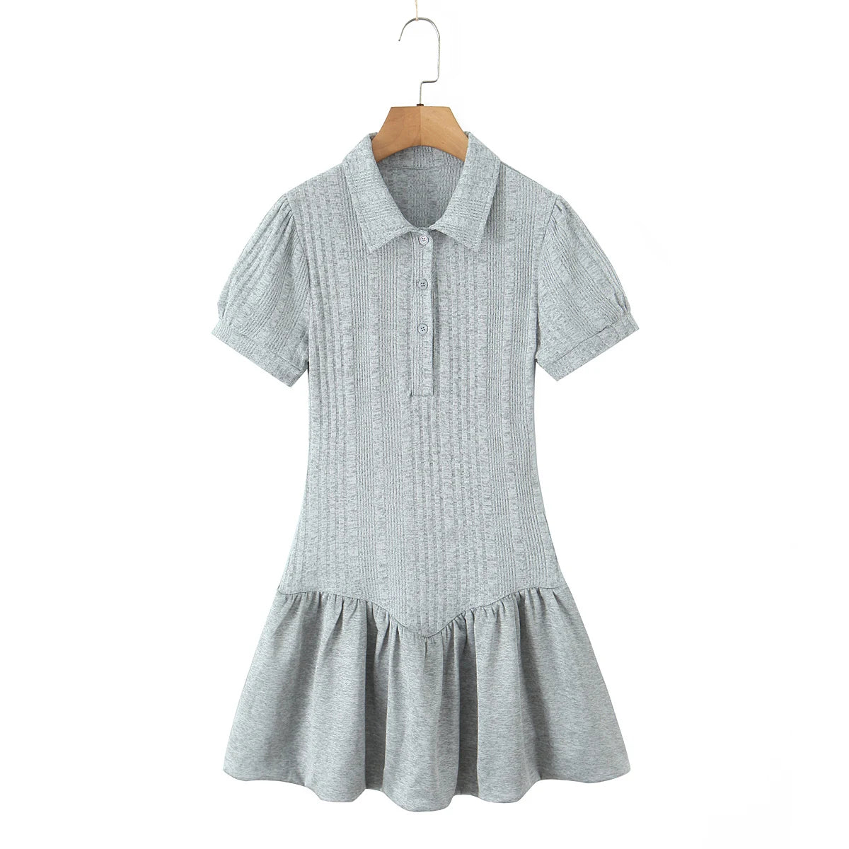 Lunivop  Preppy Style Gray Buttons Polo Collar Knitted Short Puff Sleeve Dress Women Slim Low Waist Spliced BUD Swing Mini Dresses Robe