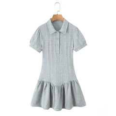 Lunivop  Preppy Style Gray Buttons Polo Collar Knitted Short Puff Sleeve Dress Women Slim Low Waist Spliced BUD Swing Mini Dresses Robe