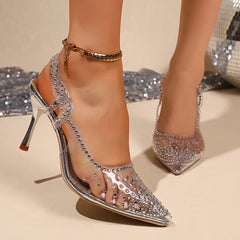 Lunivop  Elegant Ladies Shiny Rhinestone Crystal Shoes Autumn Transparent Pvc Pointed Toe High Heels Shoes Woman Sling Back Pumps 34
