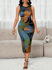 Lunivop  Women's Color Block Printed Ruched Sleeveless Bodycon Dress Knee Length Casual Elegant