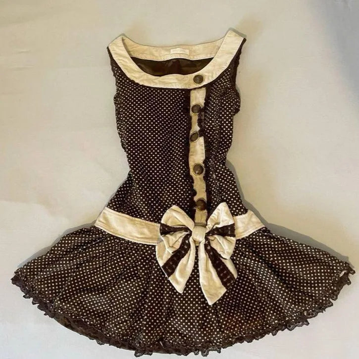 Lunivop  New Y2K French Retro Polka Dot Print Summer Slim Dress Sweet Bow Appliques Sleeveless Dress Harajuku Buttons Design Punk Clothes