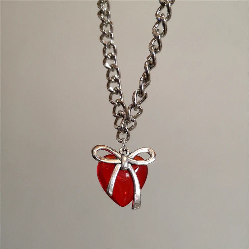 Lunivop Goth Cute Red Heart Glass Bowknot Pendant Choker Necklace Neck Decoration Egirl Y2K 2000s Aesthetic Scene EMO Grunge Accessories