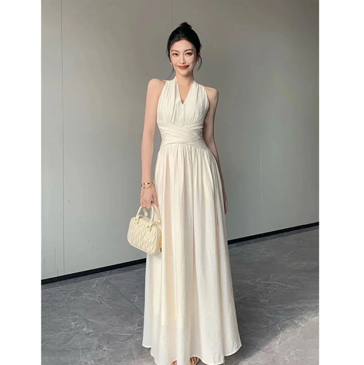 Lunivop Elegant Backless Sexy Club Pleated Vest Long Dresses Women Black High Waist Beige V Nec Vacation Slim Party Evening Dress Summer