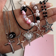 Lunivop Kpop Y2k Goth Harajuku Black 8 Ball Star Cross Pendant Bead Neck Necklace EMO 2000s Aesthetic Grunge Vintage Jewelry Accessories