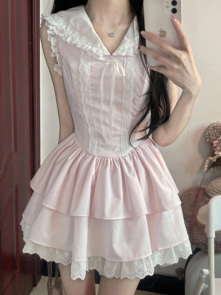 Lunivop  Sweet Slim Pink Dress Women Cute Preppy Style Sailor Collar Mini Dress Casual Retro Japan Lace Patchwork Kawaii Cake Dress