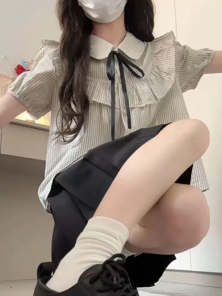 Lunivop  Preppy Style Peter Pan Collar Ruffles Puff Sleeve Shirts  Women+ High Waist Ruched Skirts Summer New Two Piece Sets