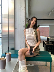 Lunivop  Double Layer Mesh Lace Up Slim Waist Ruched Vest 2025 Summer New Sleeveless Tops Mujer Y2k Simple All-match Tank Top