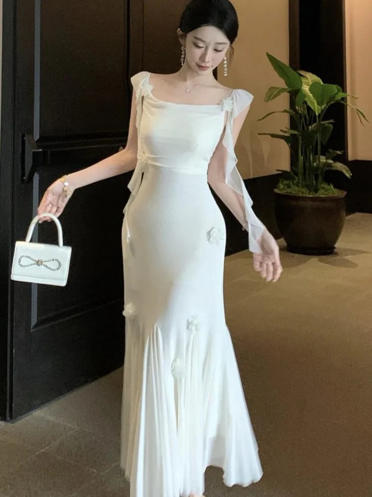 Lunivop Fashion Slim Wasit Bodycon Evening Women Dresses New Flying Sleeve Korean  Sexy Elegant Mesh Solid Flowers Mermaid Dress