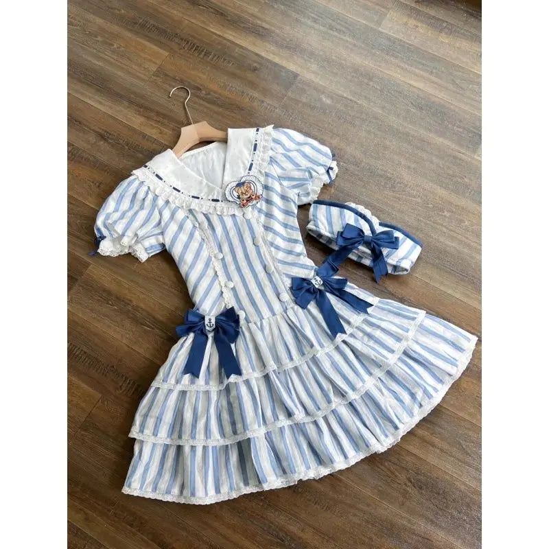 Lunivop  Sweet Cute Sailor Collar Striped Bow Dresses Slim Waist Cake Dress for Women Summer New Short Sleeve Vestidos Mujer