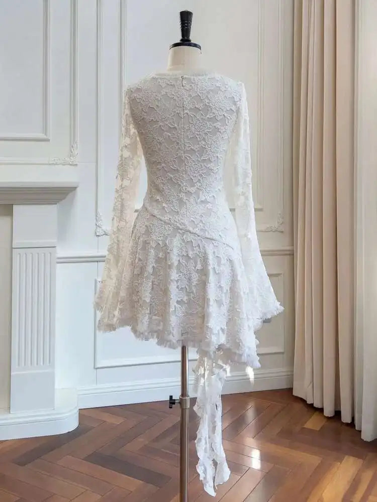 Lunivop Women's Lace Ruffled Asymmetric Design Dresses V Neck High Waist Long Sleeve Slim Elegant Dress Autumn 2025 New
