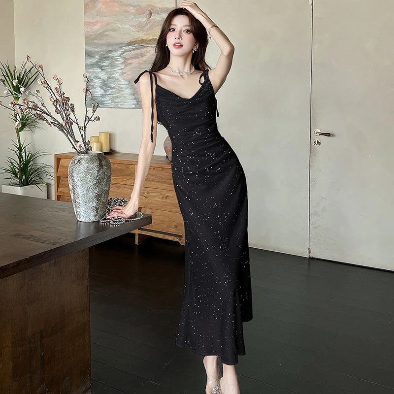 Lunivop  Solid Bright Silk Chic Bow Sling Sexy Long Dress Women Korean Vintage Hepburn Vestidos Summer Elegant Bodycon Evening Dress